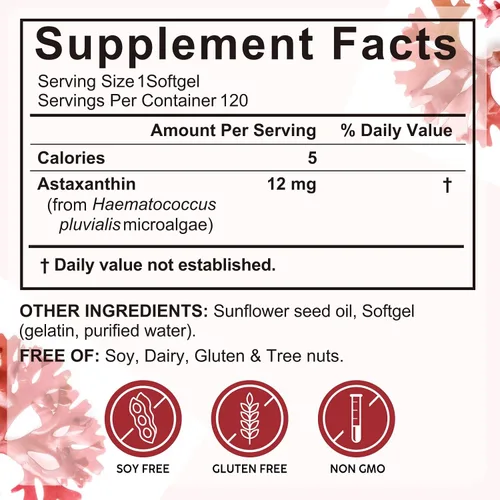 Miniatura 2 de Cápsulas blandas de astaxantina de 12 mg, 120 cápsulas Suministro para 4 meses Suplemento antioxidante premium para ojos, piel, articulaciones e
