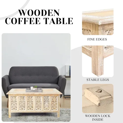 Miniatura 5 de Mesa de café rectangular de The Wooden Town – Acabado lavado blanco de 36x18 pulgadas Moderna mesa central de madera para sala de estar Mesa