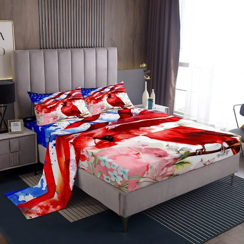 Erosebridal Juego de sábanas de cardenal con bandera estadounidense, tamaño individual, coloridas flores florales, sábana bajera ajustable con ramas