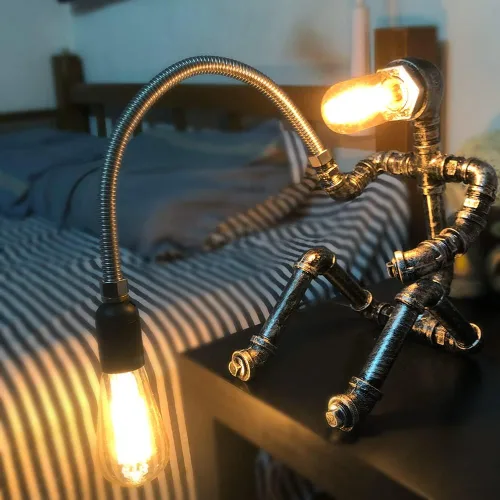 Miniatura 5 de Lámpara de mesa Steampunk, robot de tubería de agua, estilo industrial vintage, lámpara de mesa de escritorio para mesita de noche, cafetería, bar