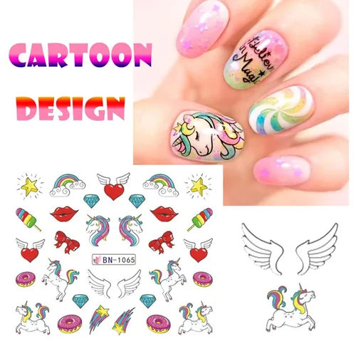 Miniatura 6 de Calcomanías de uñas de unicornio, calcomanías de transferencia de agua, calcomanías de uñas de corazón, unicornio, arcoíris, dona, diseño de uñas