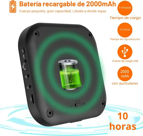 Miniatura 6 de Reproductor de CD portátil, reproductor de CD Bluetooth MONODEAL con altavoces y transmisor FM, reproductor recargable de 1800 mAh para automóvil