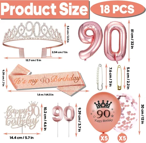 Miniatura 2 de Decoraciones de cumpleaños 90 para mujer, banda de cumpleaños 90, corona de cumpleaños 90, adorno para pastel de cumpleaños 90, globos, juego
