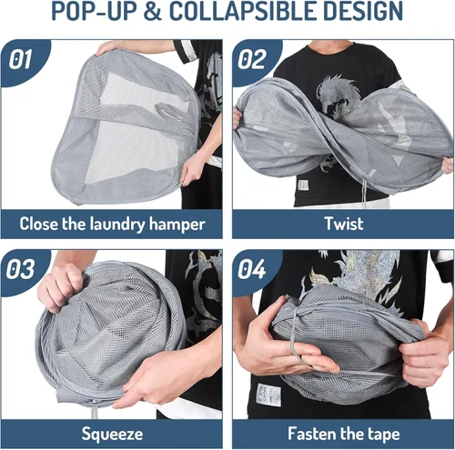 Miniatura 7 de Cesto de malla desplegable para ropa sucia, 2 compartimentos, cesta clasificadora plegable para ropa, dormitorio universitario, viajes (gris)