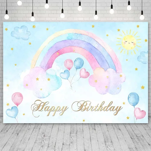 Miniatura 2 de AIBIIN Telón de fondo de feliz cumpleaños arcoíris de 7 x 5 pies para niñas, globos de nube rosa y azul, fondo de fotografía, decoración de fiesta