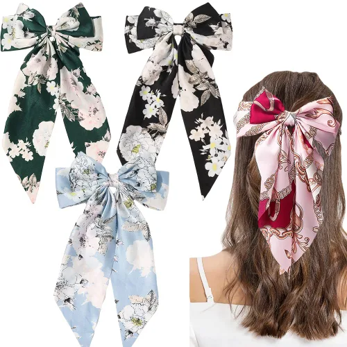 Pinzas grandes para el pelo para mujeres y niñas, clip de cinta de pelo de cocodrilo floral grande, lazos de cinta negra larga con lazo grande flor