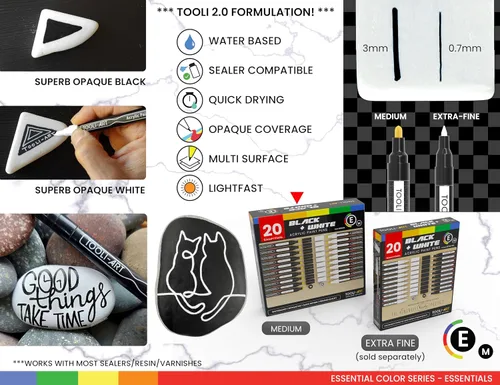 Miniatura 7 de TOOLI-ART Juego de marcadores de pintura acrílica en blanco y negro para pintura de roca, lienzo, tazas, metal, pintura de vidrio, tela, madera