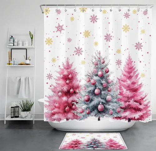 Miniatura 25 de EOBTAIN Cortina de ducha de hojas verdes de Navidad para baño, ramas de piña y abeto con bayas rojas sobre negro, cortina de ducha con 12 ganchos