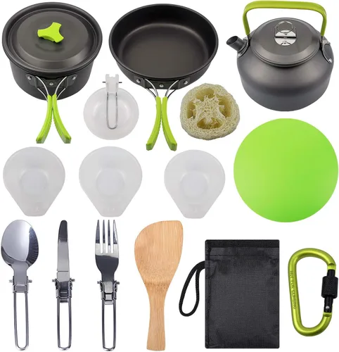 Peidesi - Juego de utensilios de cocina para campamento, ollas y sartenes portátiles, mosquetón, cuchillo plegable, kit de cuchara de tenedor, bolsa