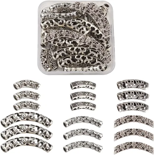 KISSITTY 30 unids/caja de filigrana de plata antigua larga curvada tubo espaciador cuentas 0.945-2.520 in largo para hacer joyas DIY agujero Plata