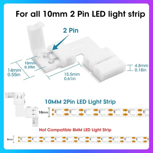 Miniatura 2 de WENHSIN 10 paquetes de conectores LED de 2 pines en forma de L para luces de tira LED de 10 mm de ancho, adaptador de extensión sin cable, sin