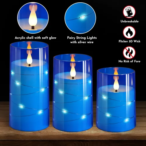 Miniatura 4 de NURADA - Velas parpadeantes sin llama incluye tira luces estrellas led, llama 3D, funciona pila, no se rompe, columna acrílico, control remoto, Azul