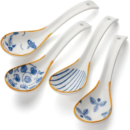 Miniatura 10 de Juego de 4 cucharas de sopa chinas, cucharas coreanas de porcelana para albóndigas de cereales de fideos Pho