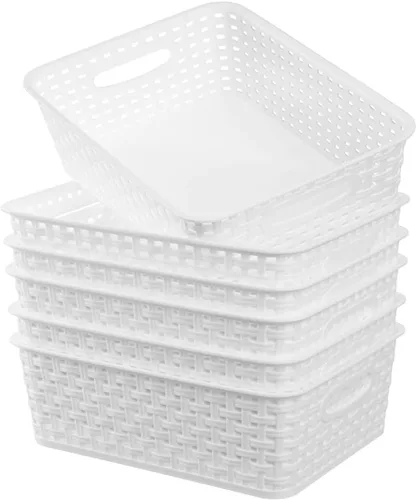 Miniatura 12 de Cestas de almacenamiento tejidas de plástico negro, paquete de 6 cestas de tejido organizador para cocina, oficina, baño