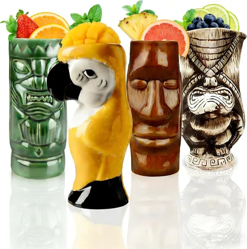LINALL Juego de 4 tazas de cóctel Tiki – Tazas de cóctel hawaianas de cerámica grandes, vasos de cóctel exóticos, Tiki Bar Profesional Hawaiano