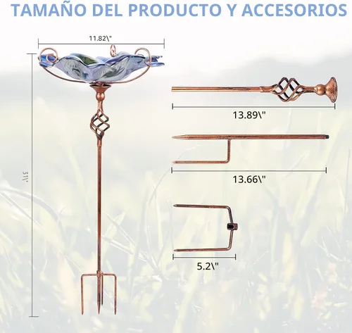 Miniatura 4 de VCUTEKA Comedero y bebedero de cristal para pájaros, para exteriores, baño de pájaros con estaca de metal, decoración de jardín Azul-2