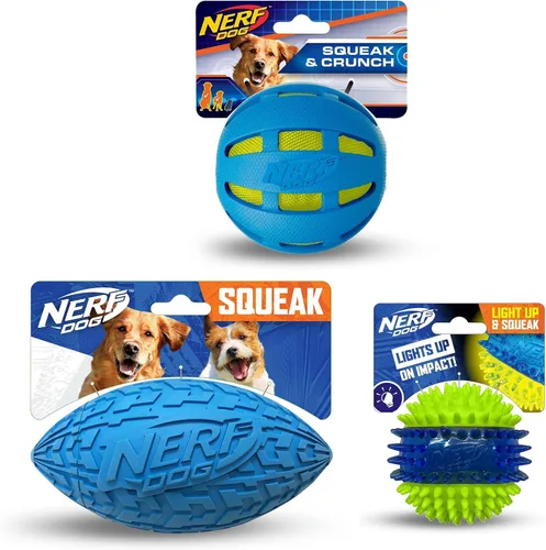 Nerf Dog Set de Regalo de Juguetes, Set de 3 Piezas de Juguetes para Perros de Exterior para Buscar, Incluye Pelota Crujiente de Cuadros, Pelota con