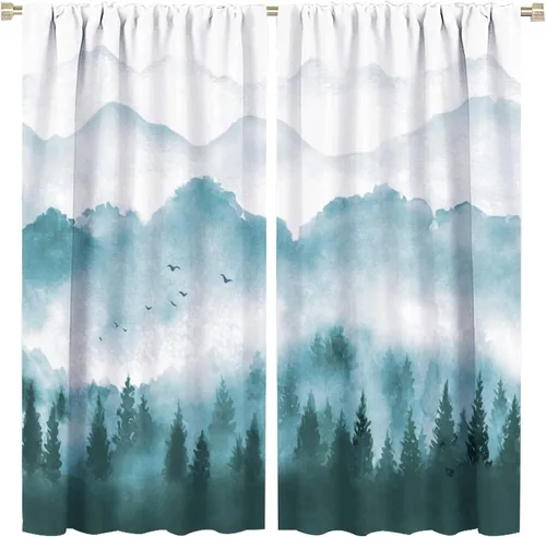 Miniatura 8 de BAEKJIN Cortinas verdes de bosque brumoso, acuarela, naturaleza, paisaje, plantas, árbol, bolsillo para barra, opacas, tratamiento de ventana
