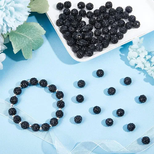 Miniatura 5 de PH PandaHall 100 cuentas de diamantes de imitación negros de 0.394 pulgadas (0.394 in) cuentas de arcilla negra de polímero de cristal de arcilla