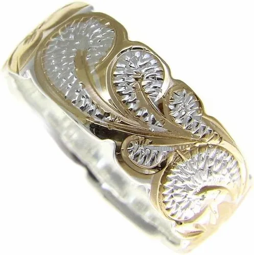 Miniatura 2 de Arthur's Jewelry Anillo de plata de ley 925 con diseño de reina hawaiana chapado en oro amarillo con borde recortado de 2 tonos, tamaño 3-14