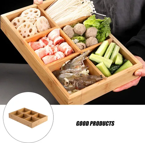 Miniatura 8 de Cabilock Plato de bambú para ollas calientes con 6 compartimentos, bandeja dividida para verduras, frutas, servir cocina, comedor, 12.00 x 8.26 x