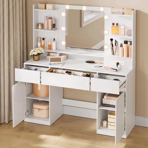 Miniatura 13 de VASAGLE Kailyn Collection - Escritorio de tocador con tomas de corriente y luces LED, mesa de maquillaje de 35.4 pulgadas de ancho con espejo, cajón