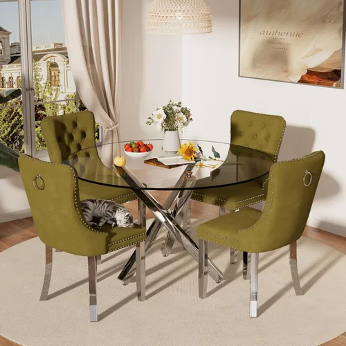 Miniatura 12 de Juego de mesa de comedor redonda de cristal moderno de mediados de siglo para 4, juego de vajilla circular de lujo plateado de 5 piezas, juego