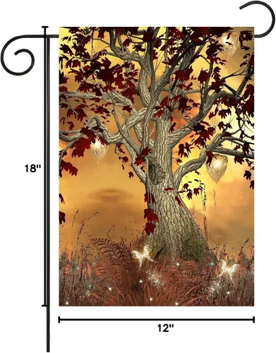 Miniatura 5 de Bandera de jardín de otoño con diseño de cuentos de hadas de fantasía, árbol, puesta de sol, mariposas, hierba, 12 x 18 pulgadas, pequeña, vertical