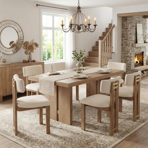HNY Juego de 6 sillas de comedor de estilo moderno de granja con lino, sillas tapizadas en tela beige para cocina y comedor con estructura de madera
