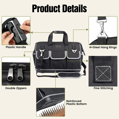 Miniatura 4 de Bolsa de herramientas de boca ancha de 17 pulgadas con parte inferior suave impermeable, organizador de bolsa de herramientas con múltiples