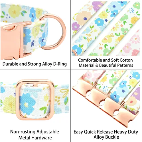 Miniatura 3 de Collar de perro con bonito lazo personalizado con nombre, collar floral personalizado con hebilla dorada grabada para perras pequeñas, medianas