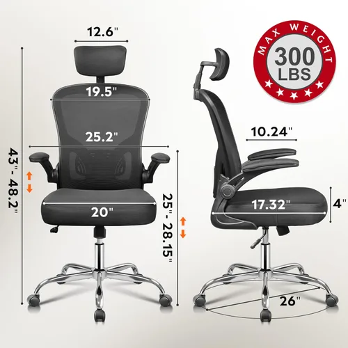 Miniatura 2 de DEVAISE Silla de Oficina de Respaldo Alto de Malla Ergonómica para Escritorio con Reposabrazos Abatibles, Reposacabezas Ajustable y Soporte Lumbar