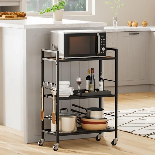 Miniatura 8 de Estante de almacenamiento de metal de 3 niveles con ruedas industriales, estantería de malla con mesa de madera, estante ajustable, 23.6 pulgadas