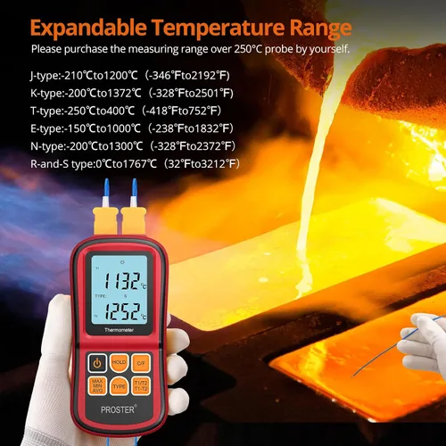 Miniatura 5 de Proster tester medidor de temperatura con retroiluminación LCD de dos canales con termómetro y termopar digital para clase K/J/T/E/R/S/N, con dos