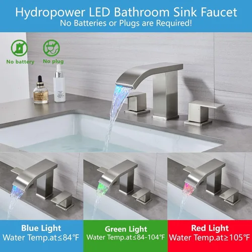 Miniatura 2 de Grifos de baño generalizados con luz LED para fregadero de 3 agujeros, cascada - Grifo de baño con ensamblaje de drenaje emergente, grifo