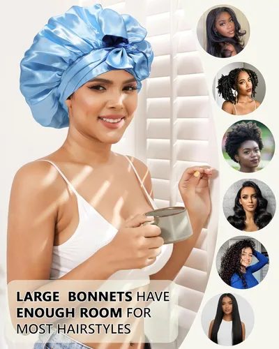Miniatura 6 de AWAYTR Gorro de satén de seda para dormir para mujeres con cabello rizado, gorro de dormir reversible de doble capa con banda de amarre (azul) 7