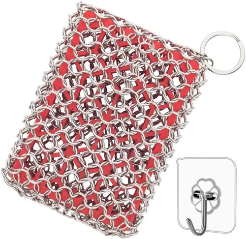 Limpiador de hierro fundido y acero inoxidable, limpiador de malla con inserto de silicona para sartenes de hierro fundido y utensilios de cocina,