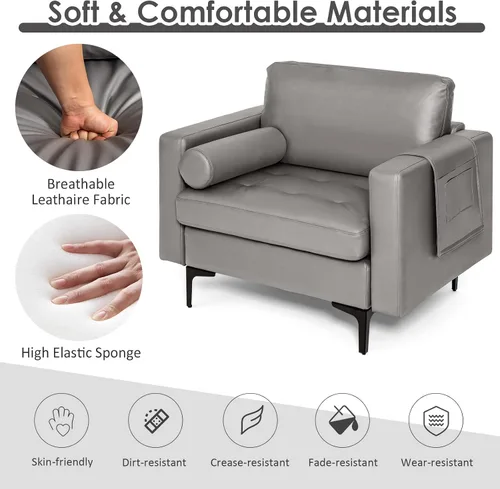 Miniatura 5 de Giantex Sofá individual, silla decorativa, sillón con cojín cómodo, bolsillos para revistas, sala de estar, silla de ocio tapizada para dormitorio