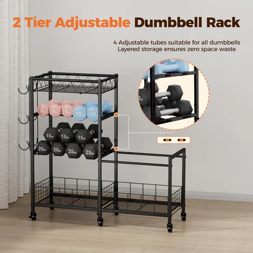 Miniatura 5 de HavenlyYouth Dumbbell Rack, Home Gym Weight Rack Storage, Adjustable Dumbbell Stand Organizer with Wheels, Holds Dumbbells, Kettlebells, Yoga Mats