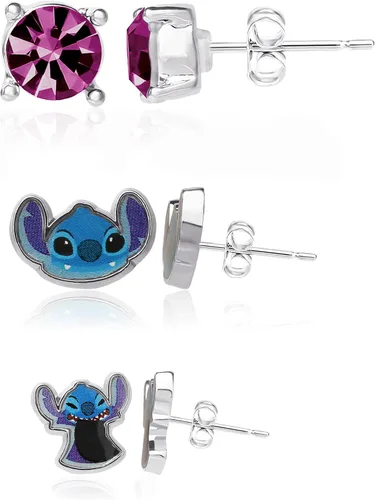 Miniatura 4 de Disney Lilo and Stitch - Juego de aretes de moda, 3 pares, aretes de tuerca, Metal, Circonia cúbica