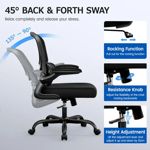 Miniatura 7 de ALLGOD Silla de oficina ergonómica, silla de escritorio ergonómica de malla transpirable con soporte lumbar, reposabrazos abatibles, sillas de Negro