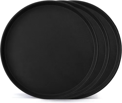 Miniatura 12 de TOPZEA Paquete de 3 bandejas de servicio de restaurante, bandeja redonda negra de fibra de vidrio de 11 pulgadas antideslizante para servicio