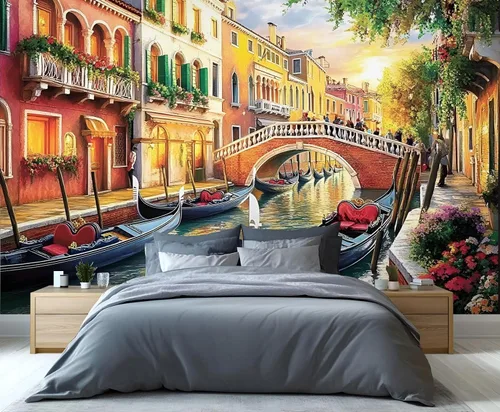 Miniatura 20 de Papel tapiz 3D de bicicleta rosa vintage, murales de flores de paisaje de primavera para sala de estar, pintura al óleo, papel tapiz rústico