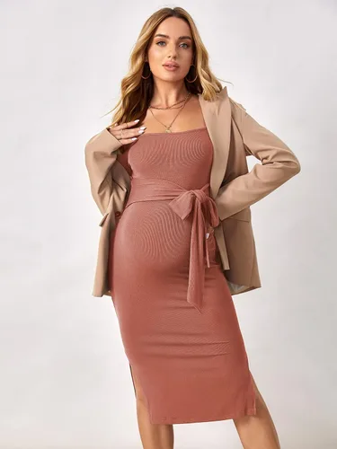 Miniatura 4 de OYOANGLE Vestido midi ajustado de manga larga con nudo frontal y cuello cuadrado para mujer