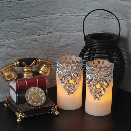 Miniatura 5 de Eldnacele Velas de Navidad Plateadas sin Llama con Temporizador de 5H, Velas de Pilar de Cera Real Parpadeantes que Funcionan con Batería