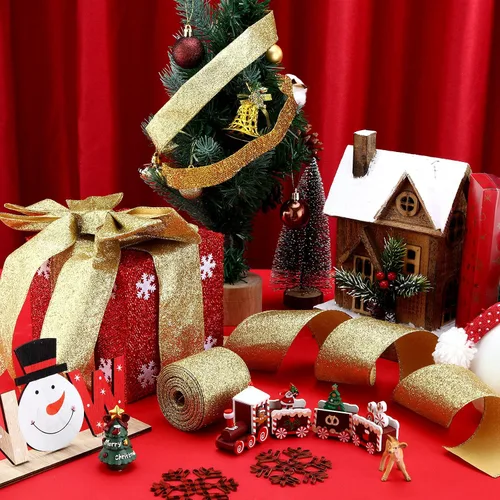 Miniatura 4 de 2 rollos de cinta de Navidad de 20 yardas con purpurina metálica con borde de alambre, cintas decorativas de tela para envolver fiestas, decoración