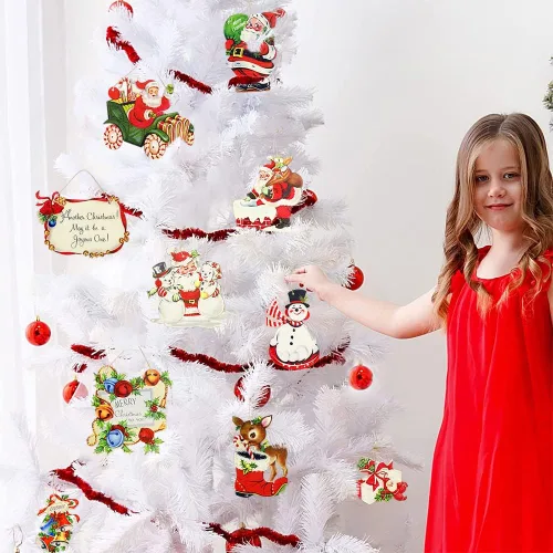 Miniatura 3 de pinkblume 19 adornos para árbol de Navidad, vintage, Papá Noel, Feliz Navidad, saludos, letrero de alegría, caja de regalo de Navidad, reno de Papá