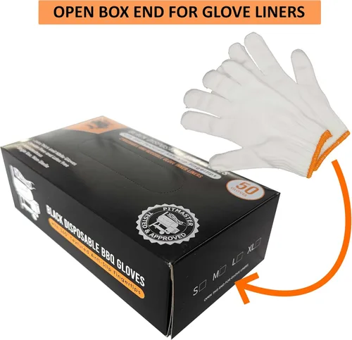 Miniatura 7 de Kit de guantes desechables para barbacoa negro - 50 guantes de agarre texturizado resistentes y 2 forros reutilizables resistentes al calor