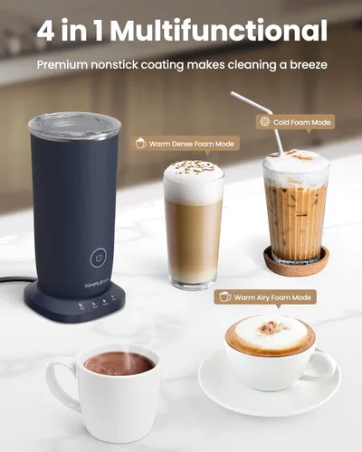 Miniatura 10 de SIMPLETASTE Espumador de leche, espumador de leche eléctrico 4 en 1 y vaporizador, máquina automática de espuma fría y cálida y calentador de leche