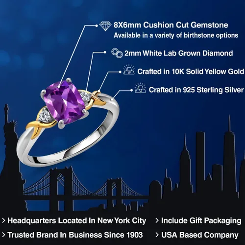 Miniatura 63 de Gem Stone King Anillo de compromiso de 3 piedras preciosas de plata 925 y oro amarillo de 10 quilates de 0.315 x 0.236 in de talla cojín y diamante